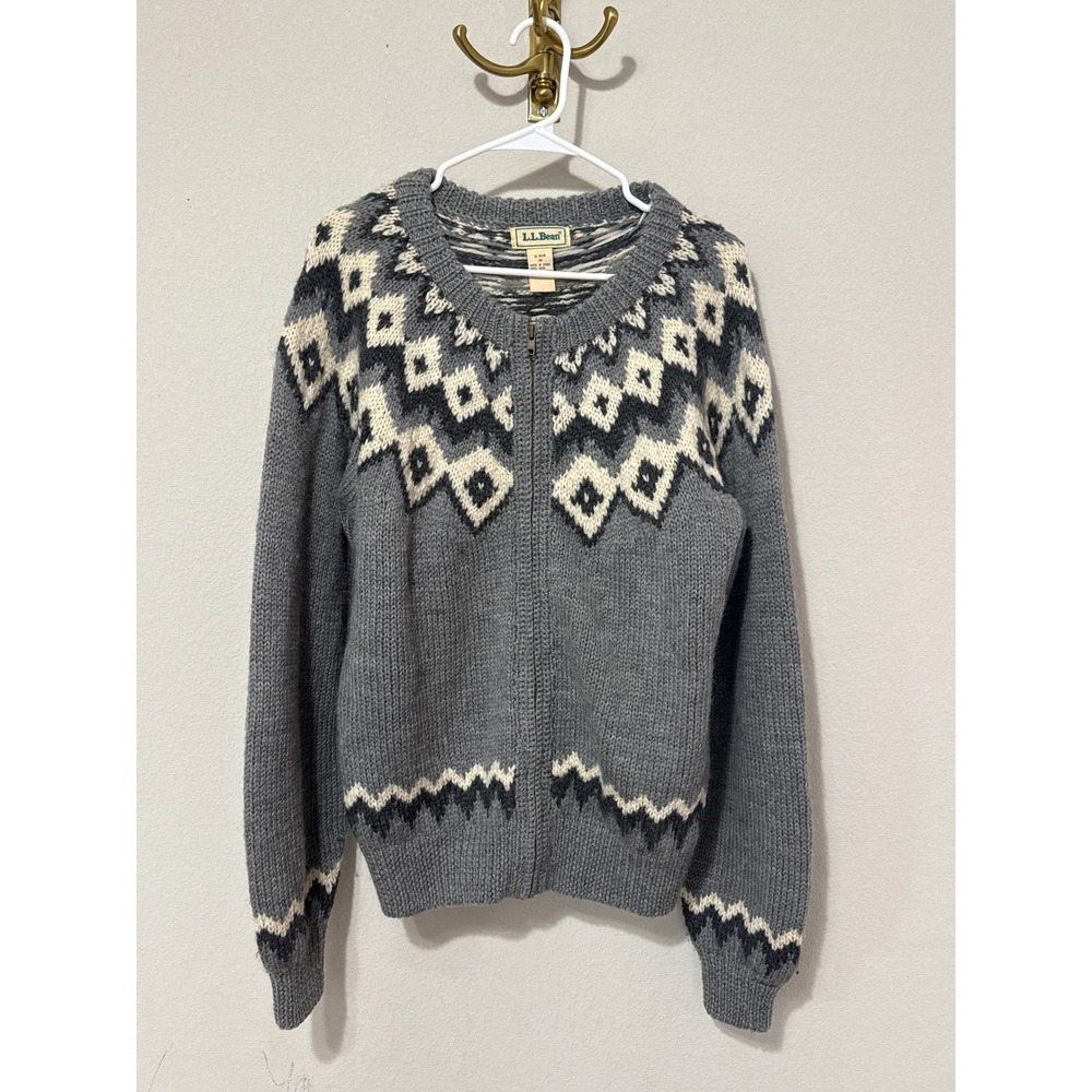 VTG L.L. Bean Wool Fair Isle‎ Zip Cardigan Men's Medium Grey Nordic Knit Sweater